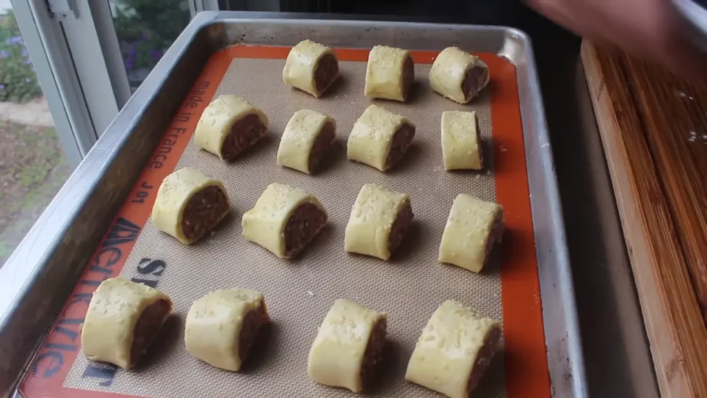 Vijftien worstenbroodjes gerangschikt op een bakplaat bekleed met een siliconen bakmat (Silpat).